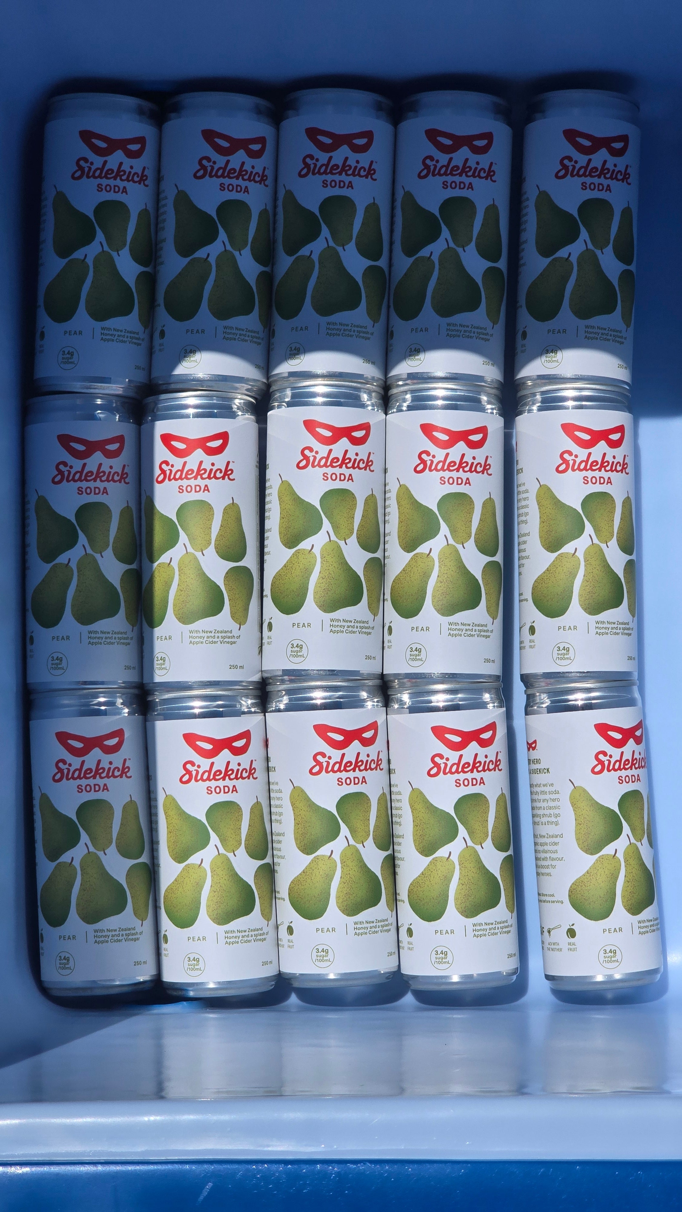 Tray of Sidekick Pear cans prepared for Coast to Coast