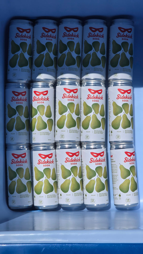 Tray of Sidekick Pear cans prepared for Coast to Coast