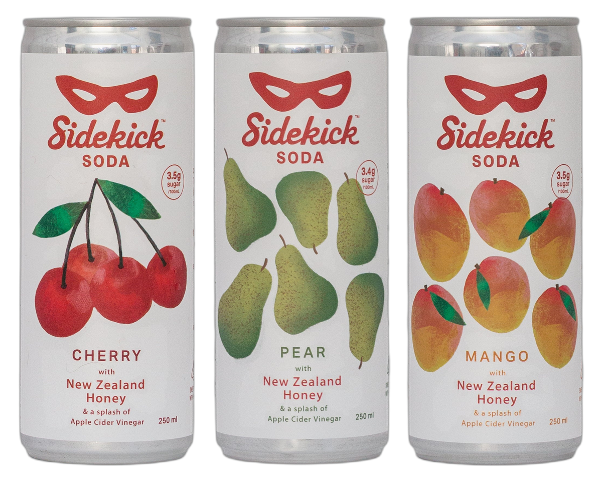 Three Sidekick honey soda cans — Cherry, Pear and Mango