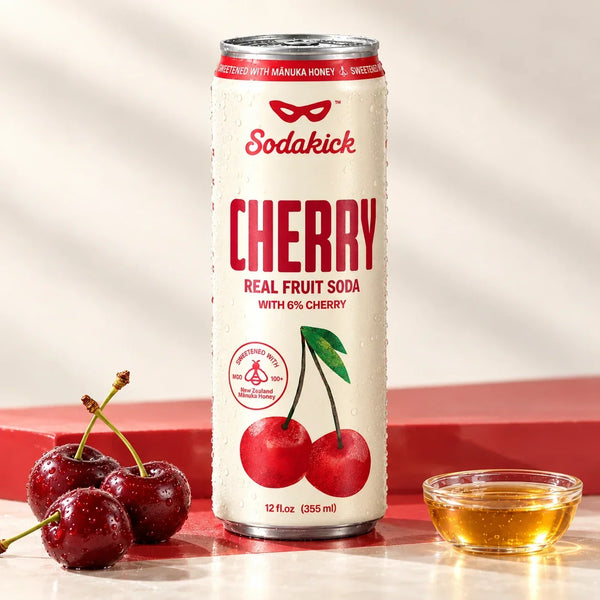 Sidekick Cherry honey soda can with cherries and a bowl of honey