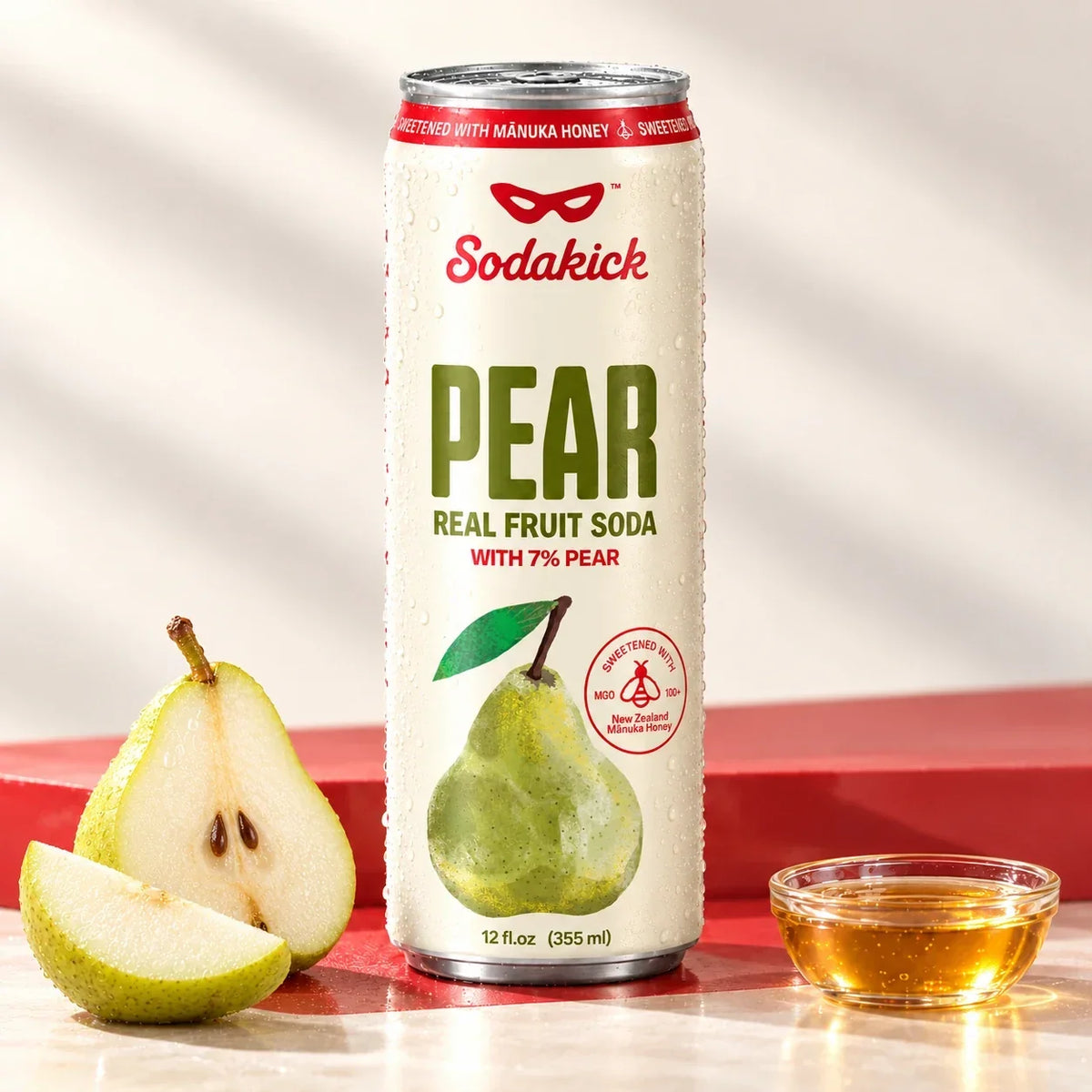 Sidekick Pear honey soda can with pears and a bowl of honey