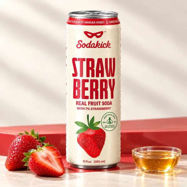 Sidekick Strawberry honey soda can with strawberries and honey