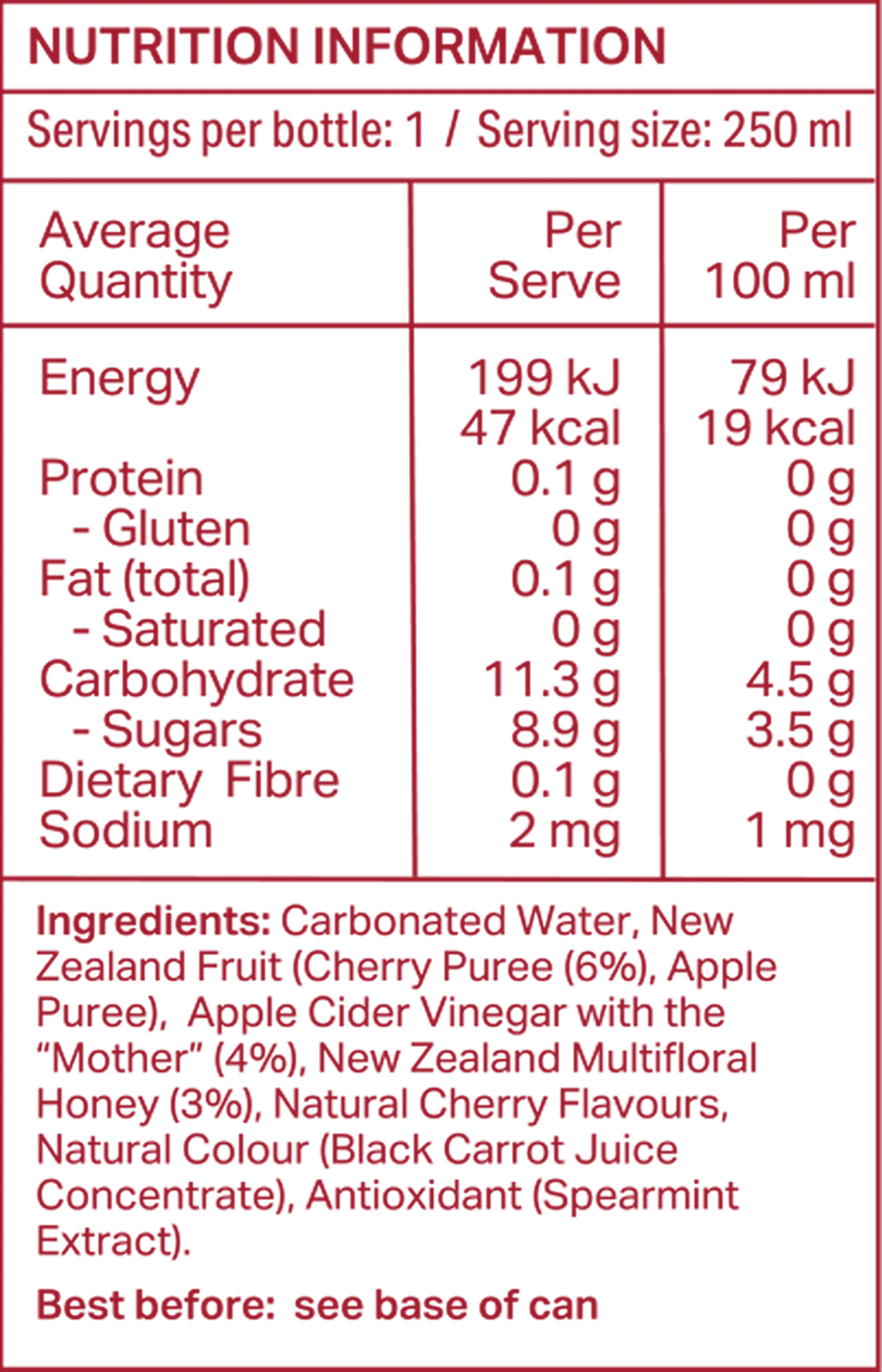 Sidekick Cherry Soda 250 ml can — New Zealand nutrition and ingredient panel