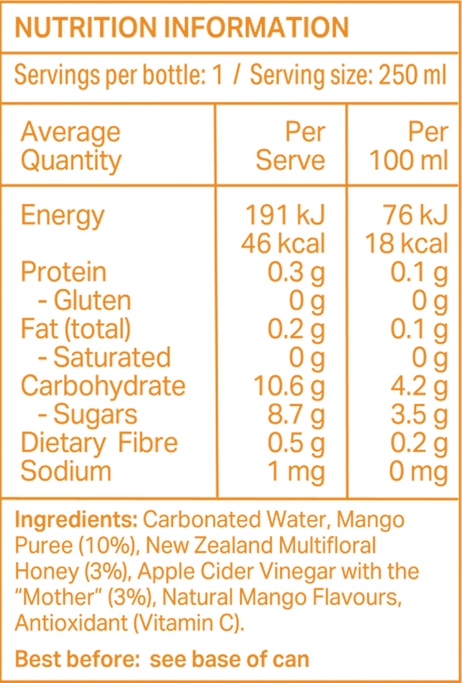 Sidekick Mango Soda 250 ml can — New Zealand nutrition and ingredient panel
