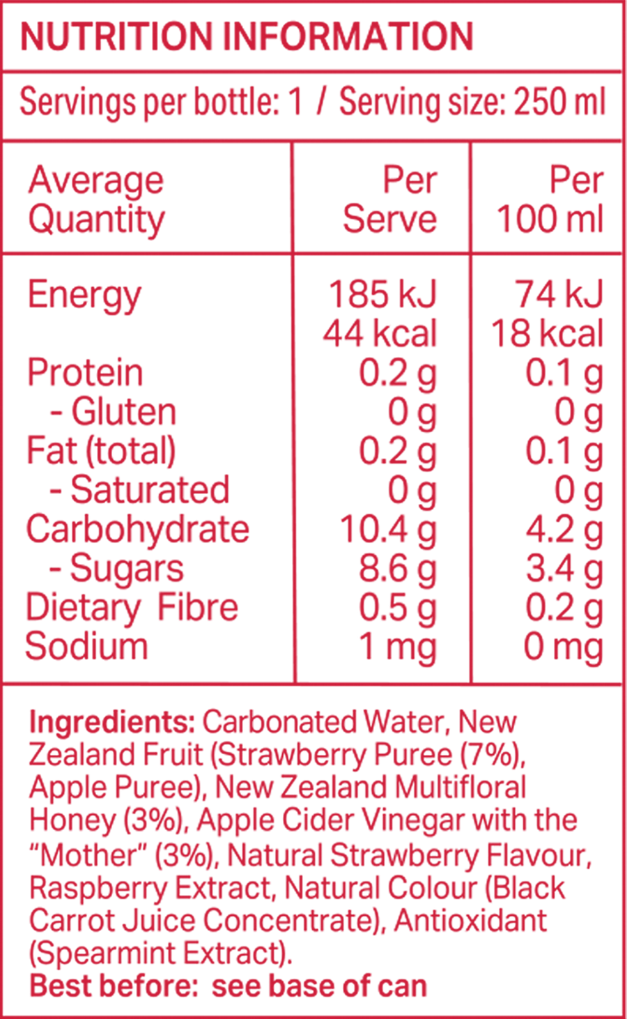Sidekick Strawberry Soda 250 ml can — New Zealand nutrition and ingredient panel