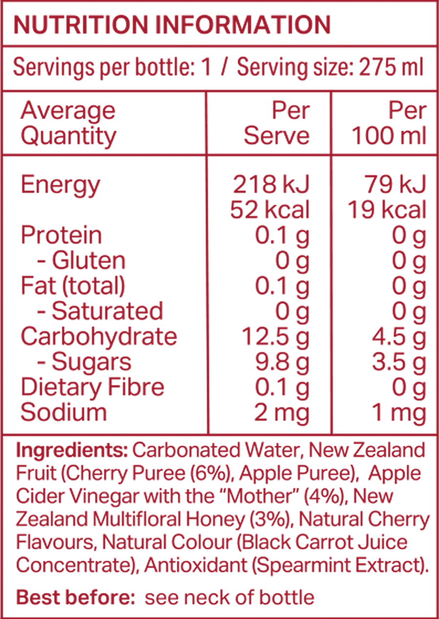 Sidekick Cherry Soda 275 ml glass bottle — New Zealand nutrition and ingredient panel