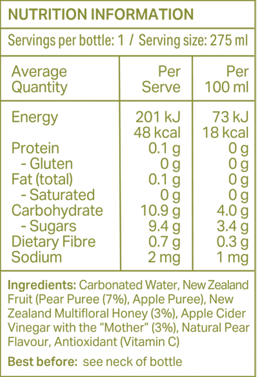 Sidekick Pear Soda 275 ml glass bottle — New Zealand nutrition and ingredient panel