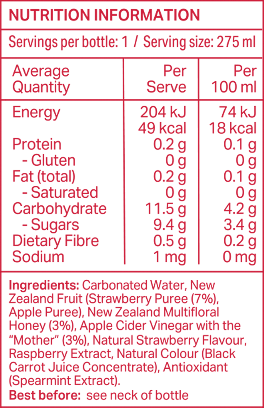 Sidekick Strawberry Soda 275 ml glass bottle — New Zealand nutrition and ingredient panel