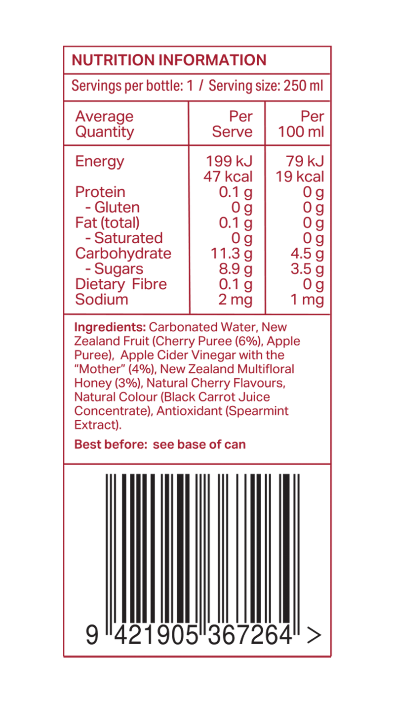 Nutrition information label for Sidekick Cherry 250ml can