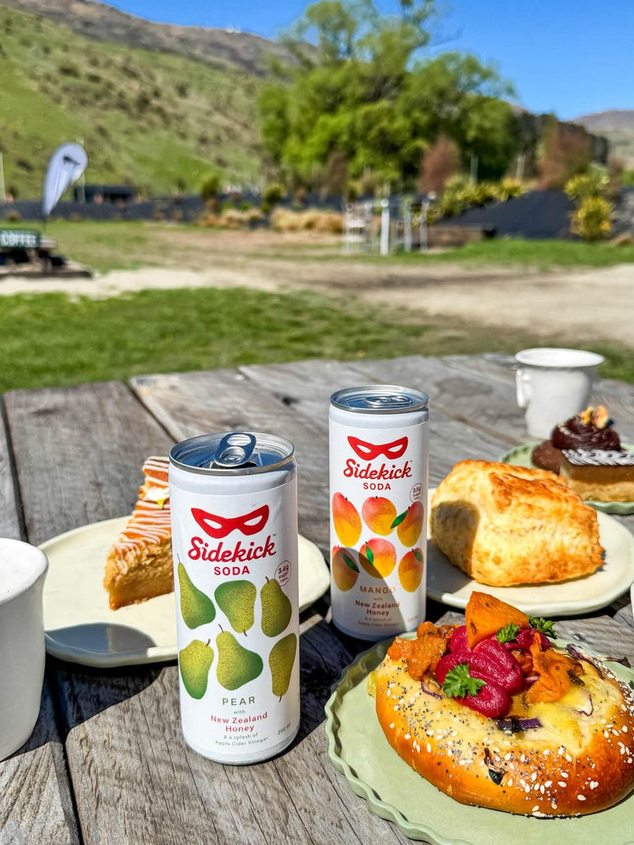 Sidekick Pear and Mango with lunch at a sunny NZ picnic table