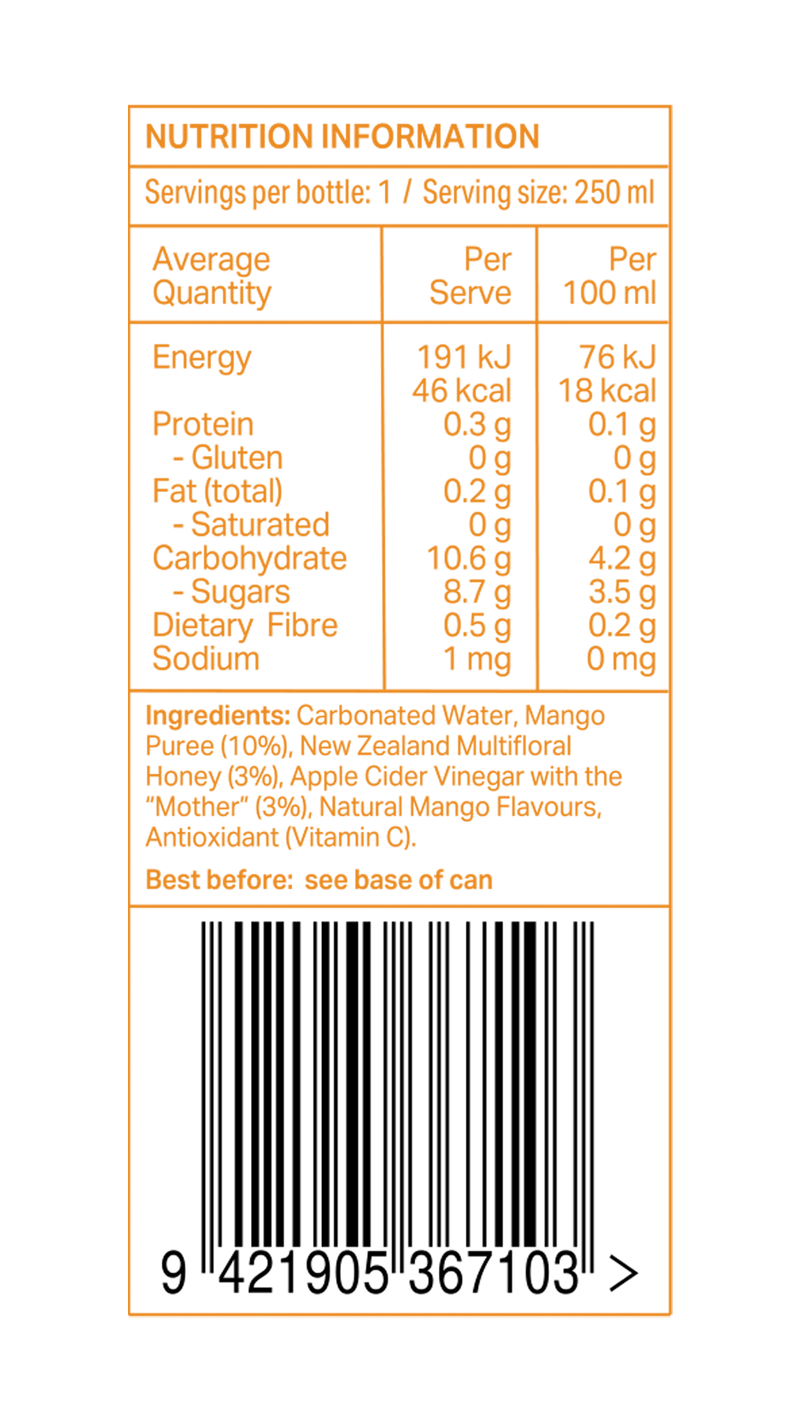 Nutrition information label for Sidekick Mango 250ml can