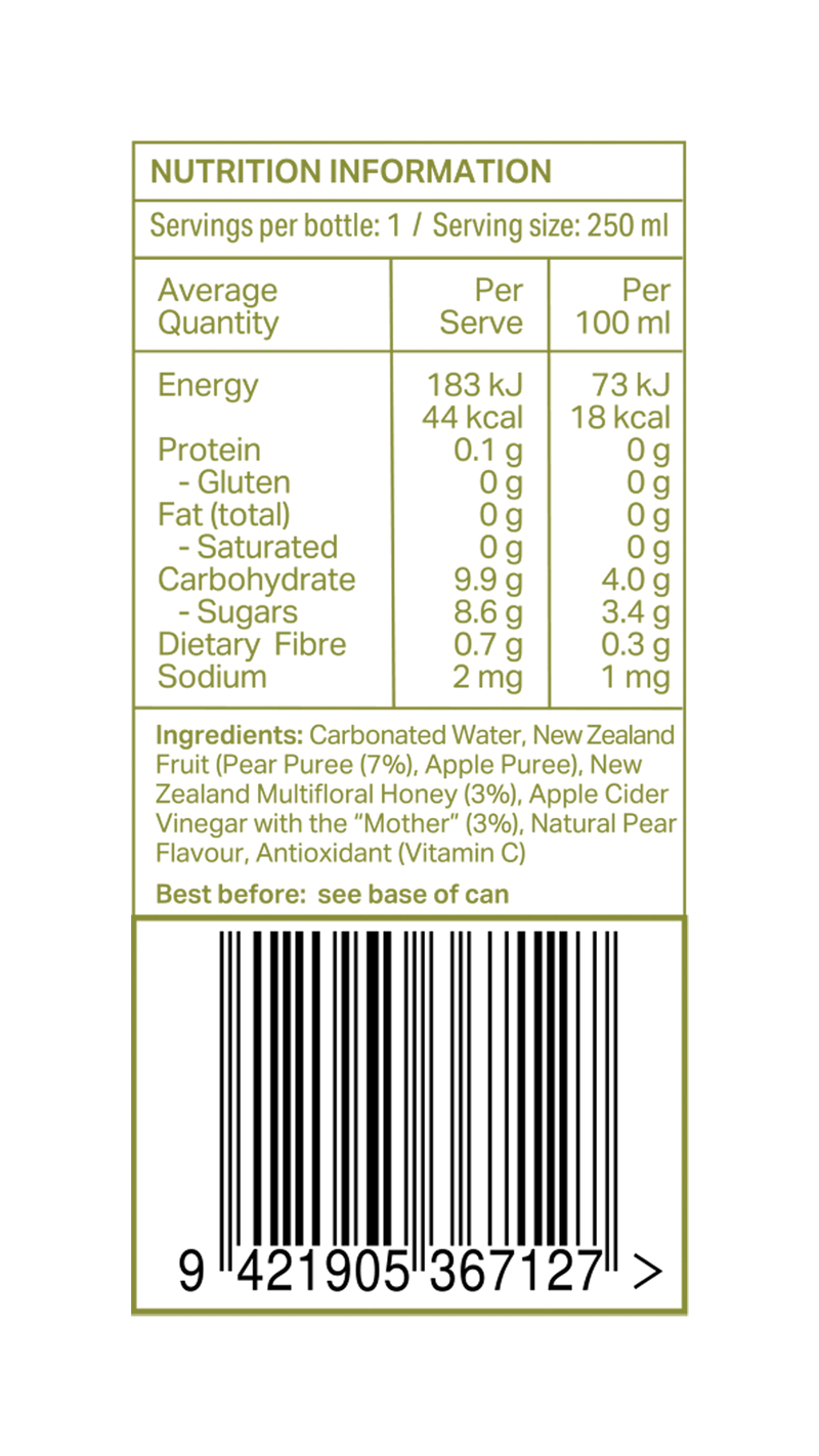 Nutrition information label for Sidekick Pear 250ml can