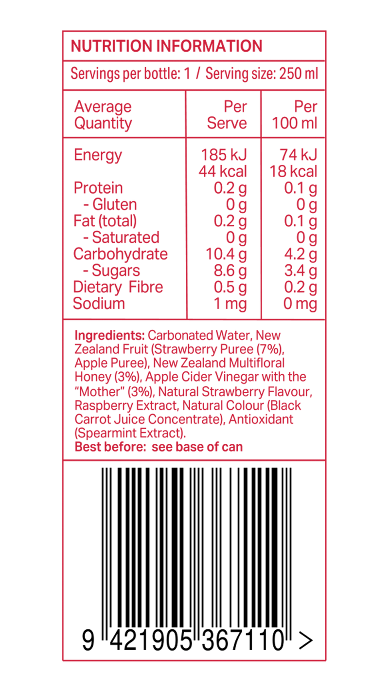 Nutrition information label for Sidekick Strawberry 250ml can
