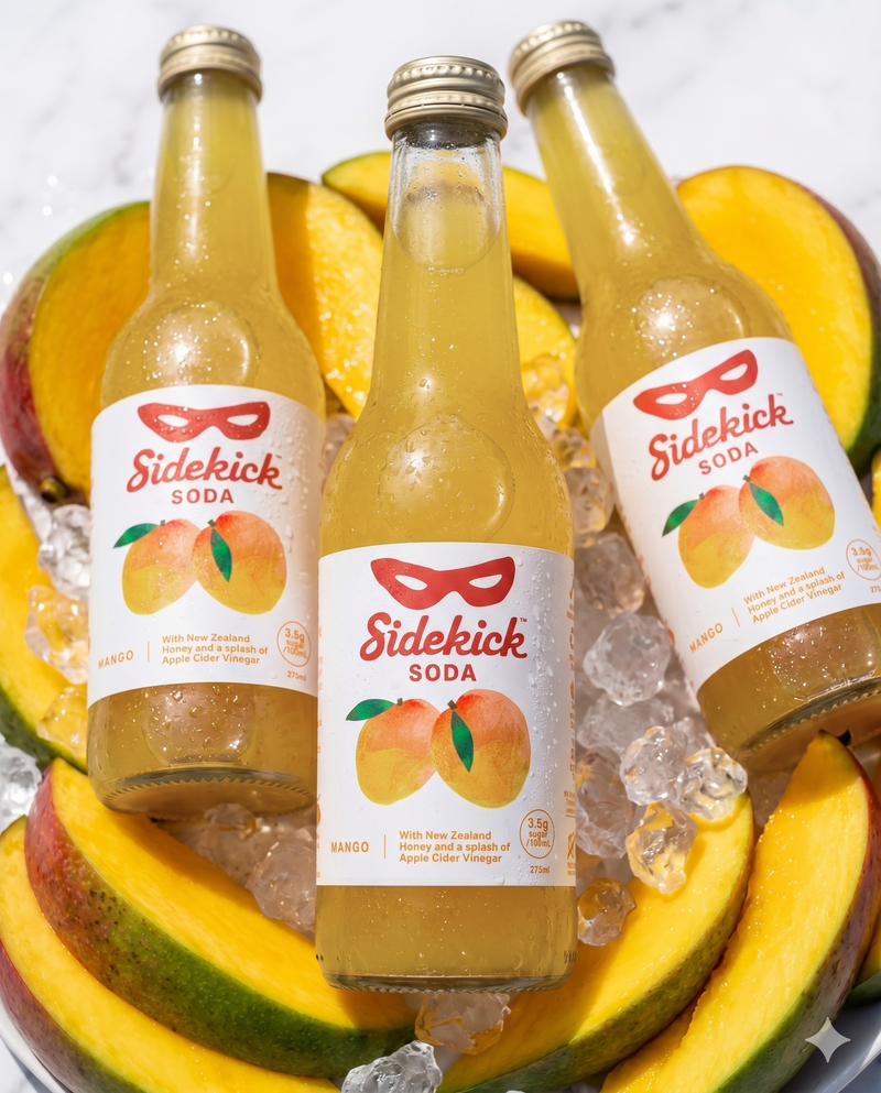 Three chilled Sidekick Mango glass bottles on ice with fresh mango slices on white marble