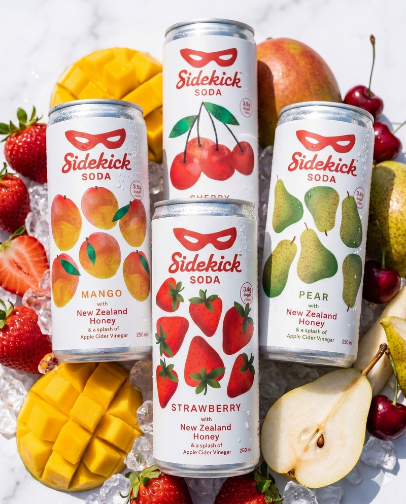 Four chilled Sidekick Soda cans on ice with mango, strawberry, cherry, and pear fruit